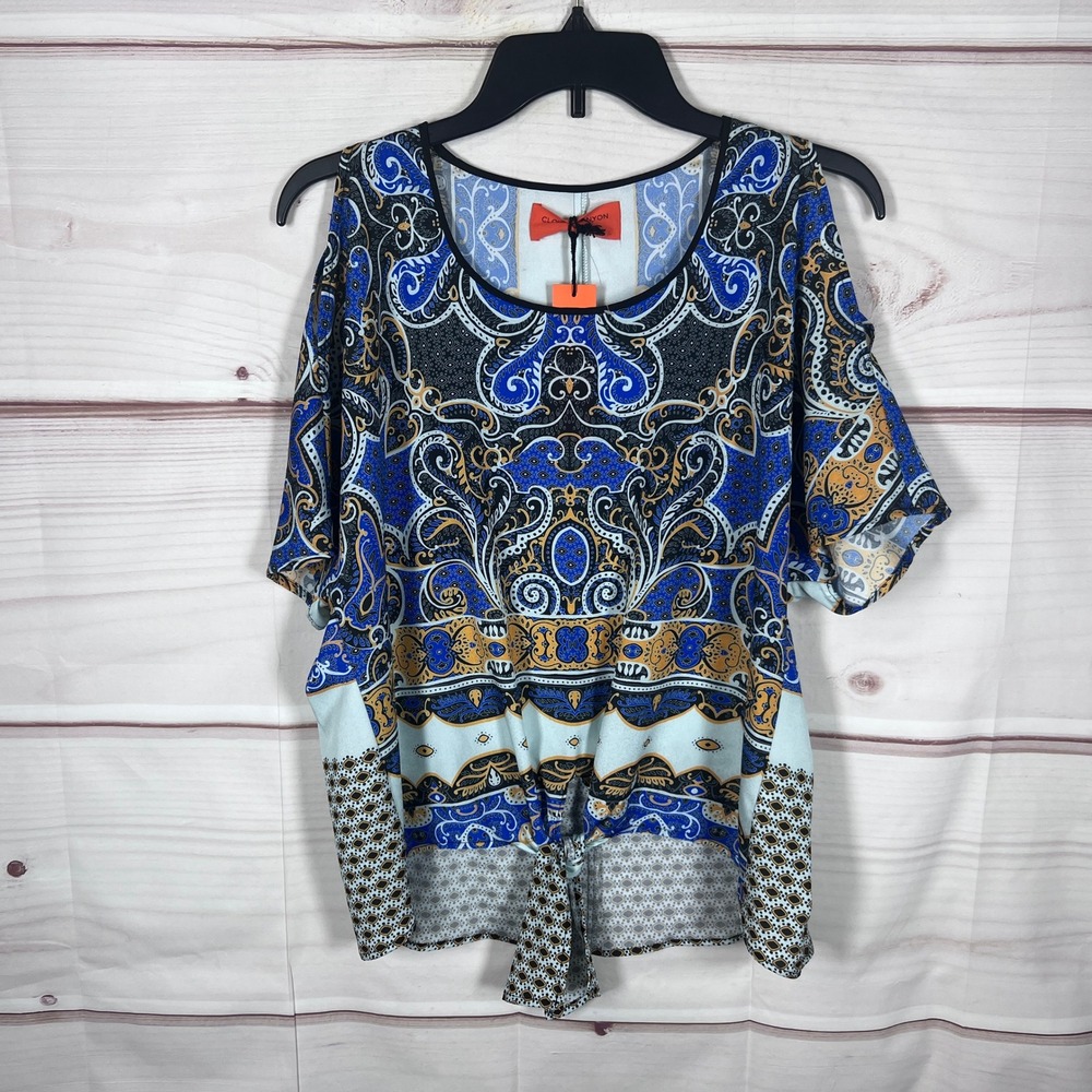Clover Canyon Top Womens Small Blue Paisley Cold Shoulder Tie Front Blouse Woven